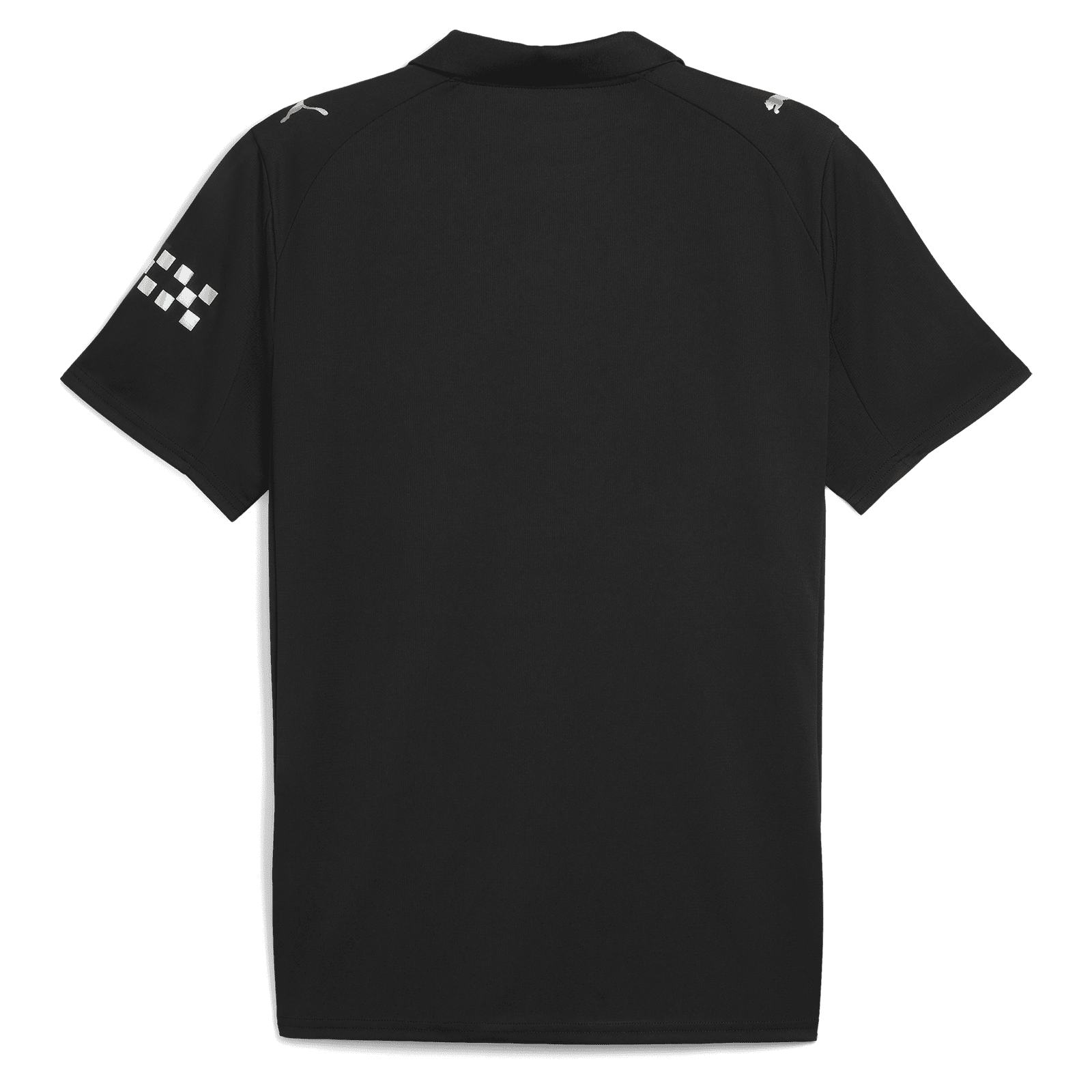V2-1 | AE JERSEY Back view of a black polo shirt with a white checkered pattern on the left sleeve and a small logo on the shoulder area.