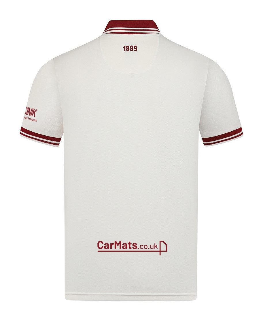 W4TNcLqtcTbW342 | AE JERSEY Back view of a white polo shirt with maroon striped collar and cuffs; '1889' on the neck and a 'CarMats.co.uk' sponsor logo near the hem.