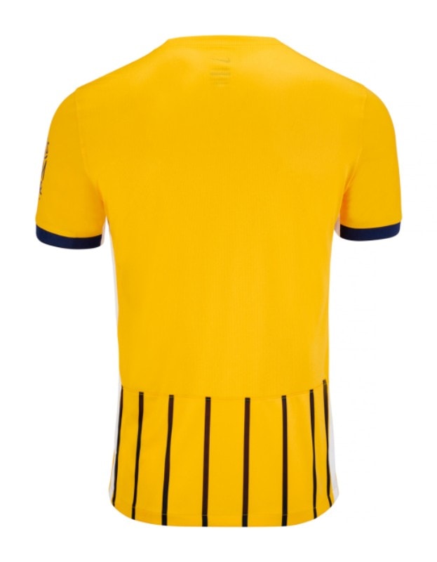 WE6JlEJZ1S63OAN | AE JERSEY Back view of a bright yellow sports jersey with blue sleeve cuffs and black vertical stripes at the hem.