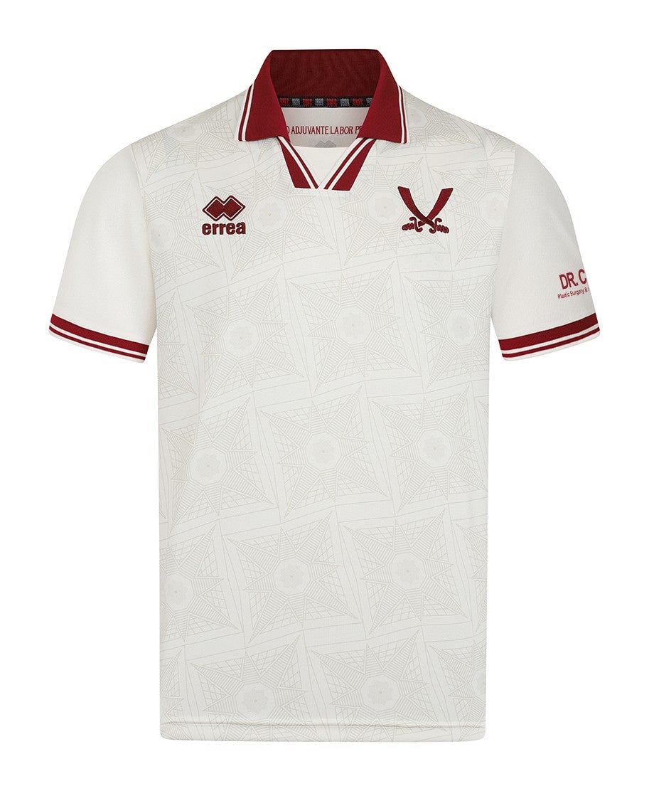 WIt5EHMlmaLTH5d | AE JERSEY White polo shirt with a subtle geometric pattern, red collar trim, and red sleeve cuffs; features an Errea logo on the left chest and a red V-shaped crest on the right chest.