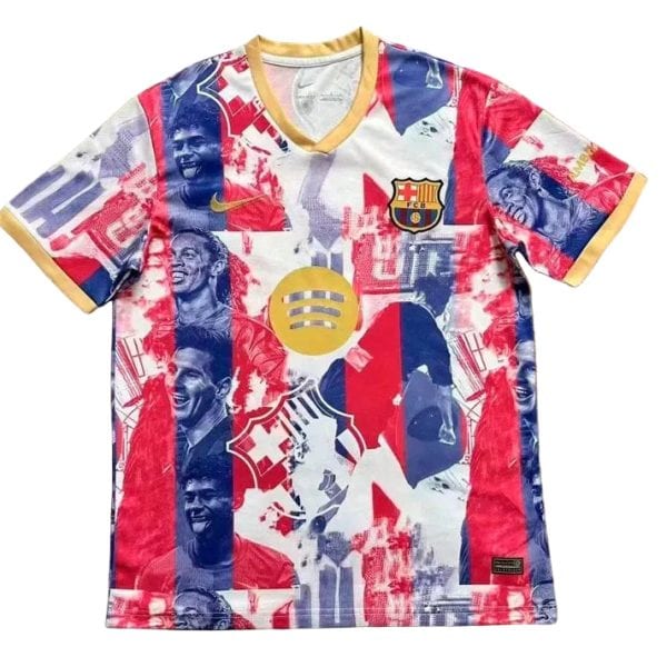 Colorful FC Barcelona jersey with red, blue, and white collage, crest, Nike swoosh, and gold trim at the neckline and sleeves.