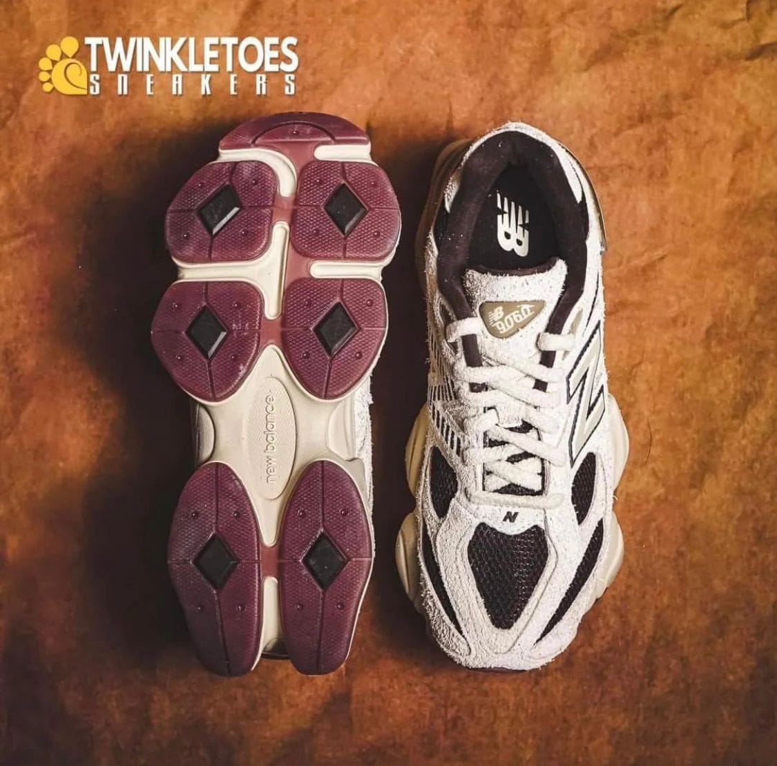 WhatsApp_Image_2024-07-27_at_01.11.55 | AE JERSEY Two running shoes placed side by side on a brown background; left shoe shows a purple outsole with diamond tread, right shoe shows a white/black New Balance upper.