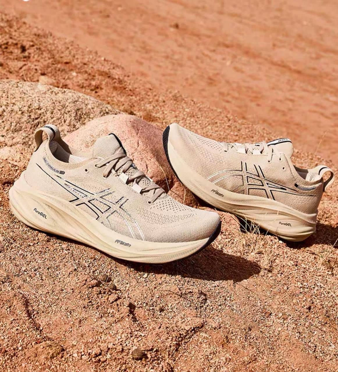 WhatsApp_Image_2025-02-26_at_10.27.05 | AE JERSEY Beige ASICS running shoes resting on sandy, rocky desert terrain.