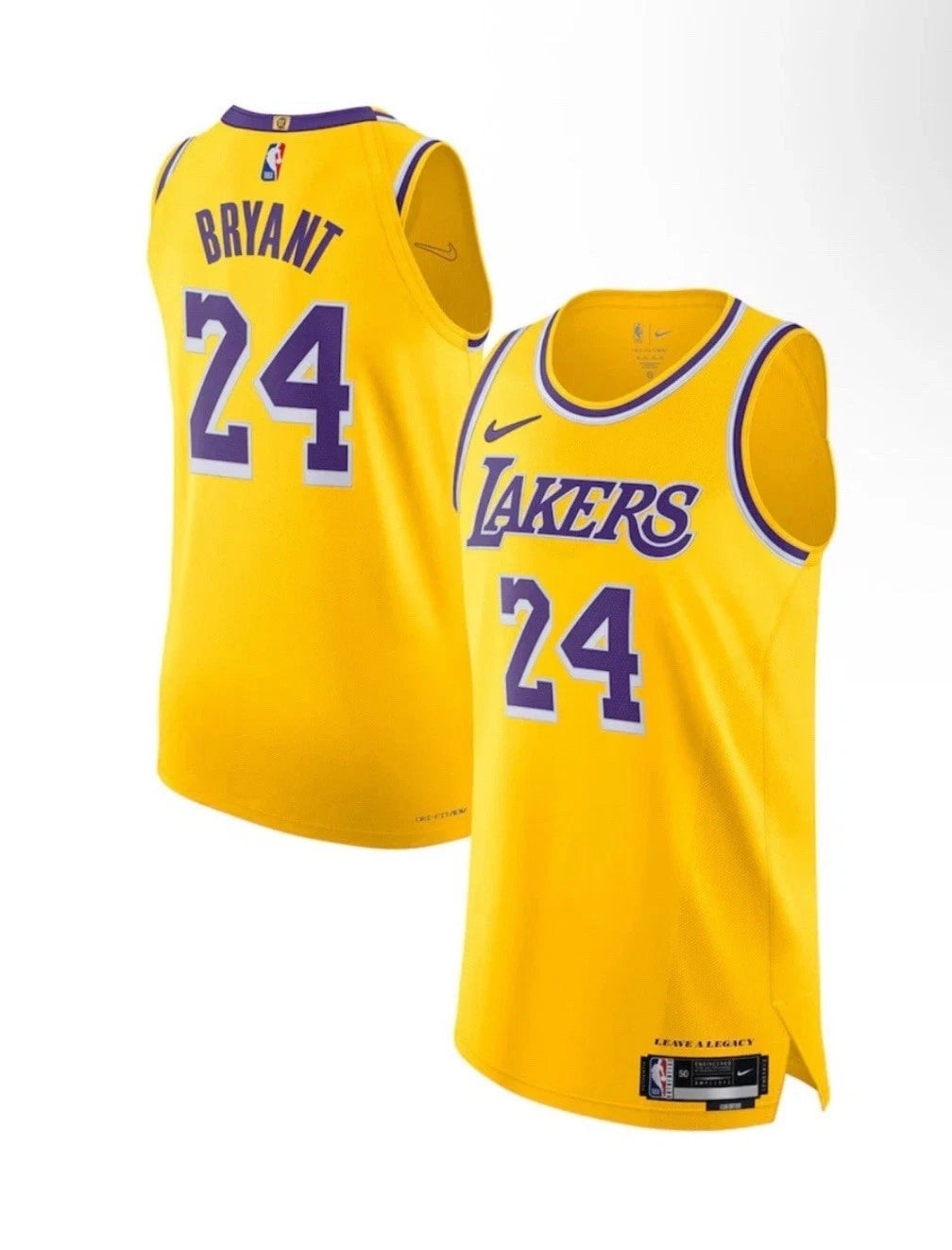 X3 | AE JERSEY Two yellow Los Angeles Lakers basketball jerseys featuring number 24 (Bryant), shown from front and back views.