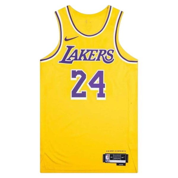 Yellow Los Angeles Lakers basketball jersey with purple 'Lakers' script and the number 24 in purple, Nike swoosh on the chest, front view.