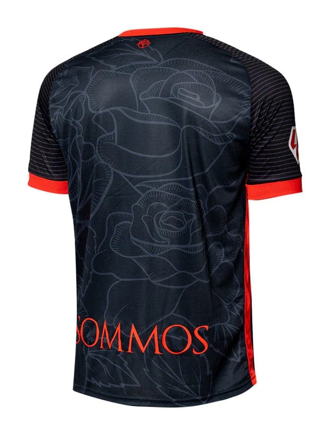 XxvXsja2LDrQLbd | AE JERSEY Back view of a navy athletic jersey with a subtle rose pattern, red collar, and red sleeve cuffs.