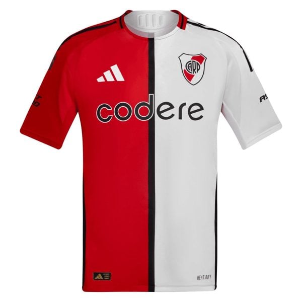 Red-and-white half-and-half soccer jersey with a vertical black stripe, club crest on the chest, and the sponsor 'codere' across the front.