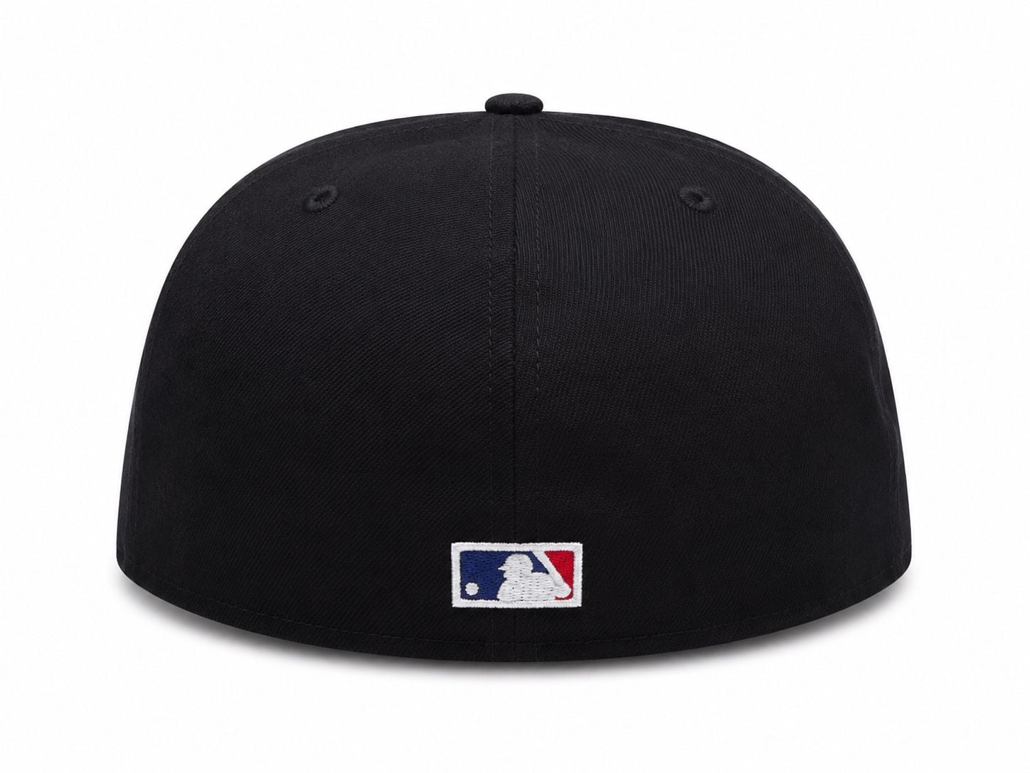 a4b4aee2-b3e0-48a4-b8a4-638165b81b63 | AE JERSEY Back view of a plain black baseball cap with a small MLB logo patch at the lower center back.