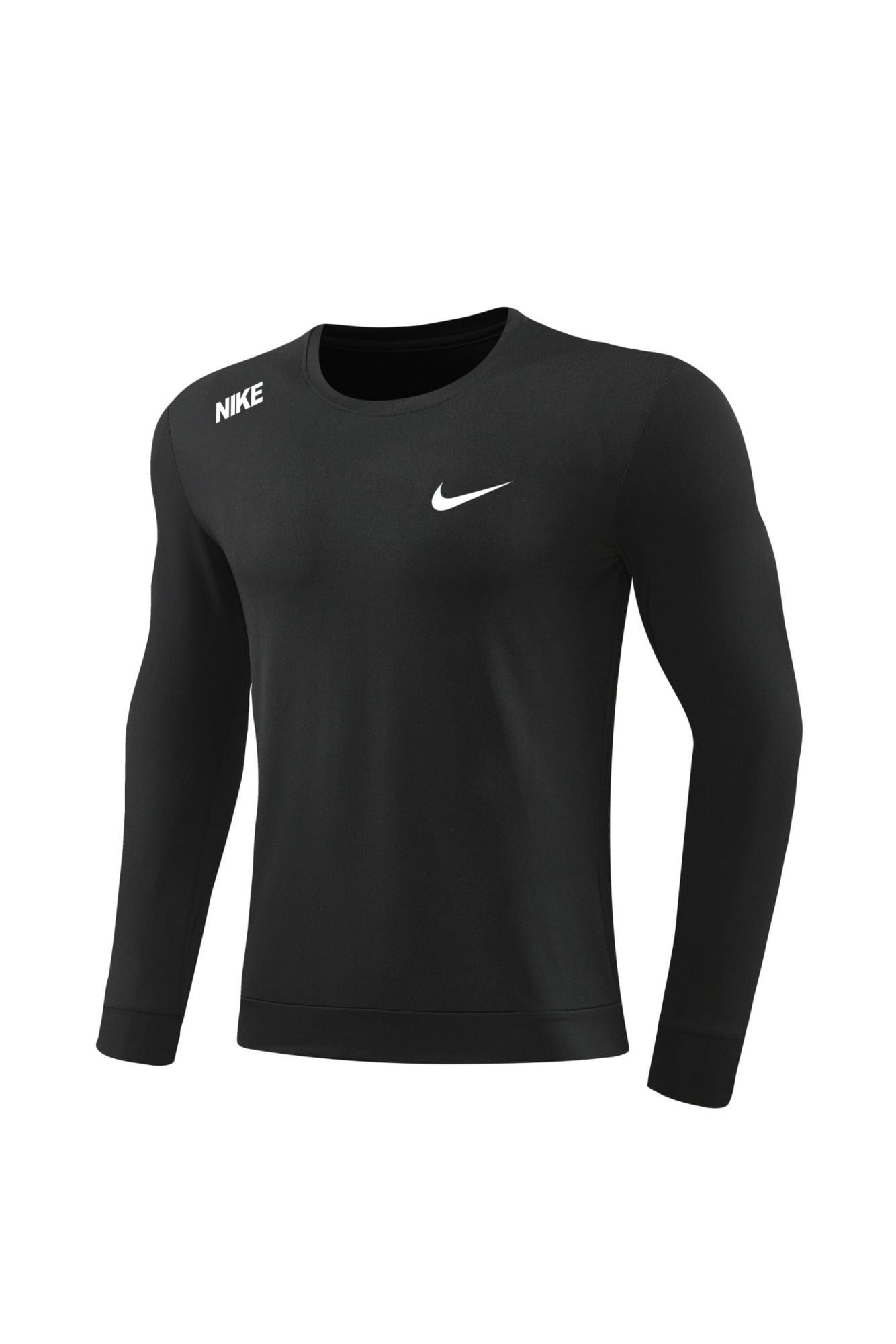 a6296cbc | AE JERSEY Black long-sleeve Nike training shirt on a mannequin with a white swoosh logo on the chest and small Nike branding on the shoulder