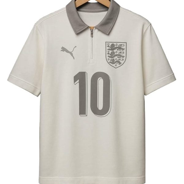 Cream England football jersey on a wooden hanger with gray collar, featuring the crest and a large number 10 on the front with a PUMA logo.