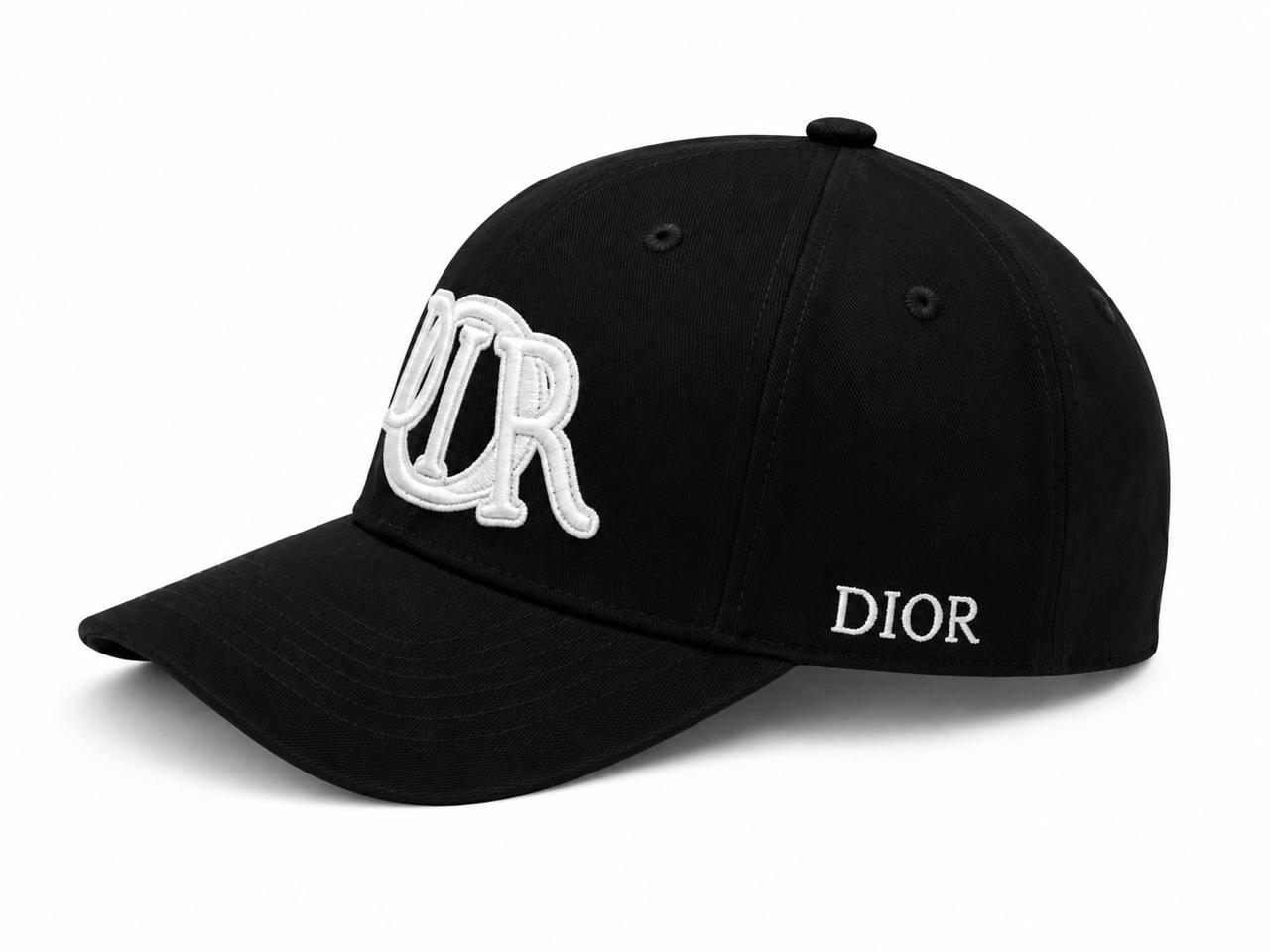 ab070e53-77bf-4474-a4d8-d7915a2f35f7 | AE JERSEY Black Dior cap with large white 'OUR' embroidery on the front and 'DIOR' on the side.