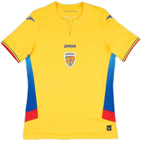 Yellow Romania national football jersey with blue accents and crest on chest; Joma logo above center.