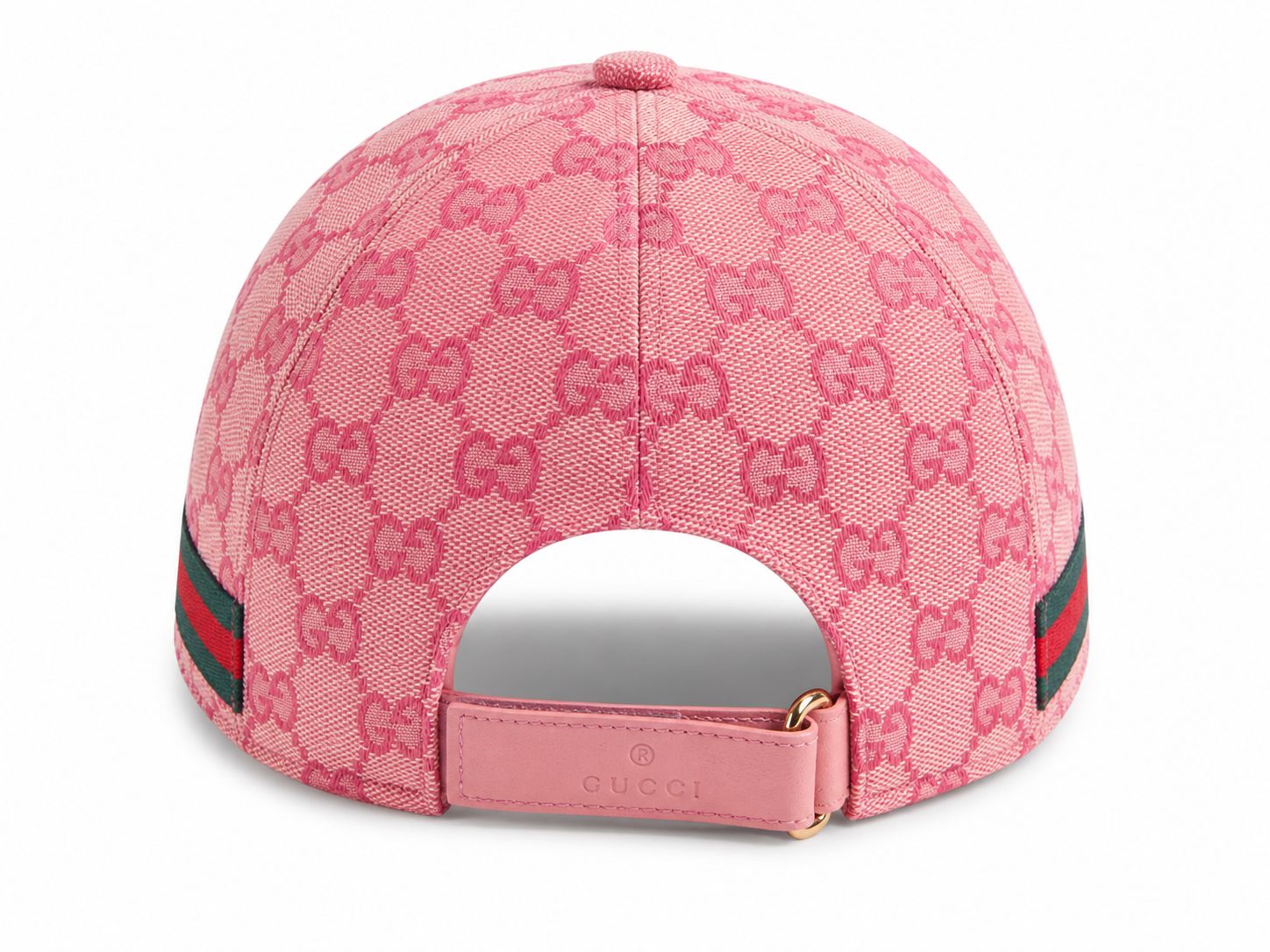 ad6b58c6-e031-44f2-97f3-5c10ac96033a | AE JERSEY Pink Gucci baseball cap with allover GG monogram, back view showing the pink leather strap and gold buckle, with a green-red-green web stripe on the side.