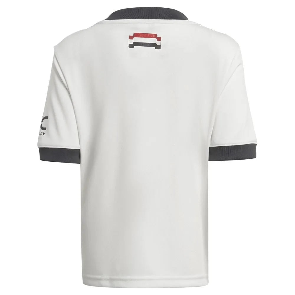 adidas-manchester-united-24-25-junior-third-set_2 | AE JERSEY White polo shirt shown from the back with dark gray collar and sleeve cuffs; small red-white-black brand logo at the upper back and partial logo on the left sleeve.