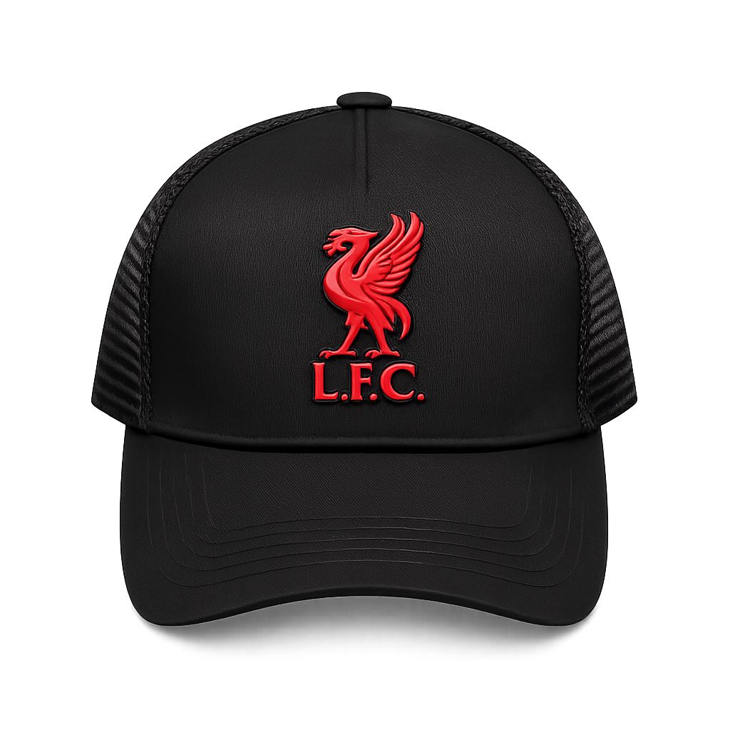 ae514fba-509a-4627-b221-dfc1b07bc068 | AE JERSEY Black baseball cap with red Liverpool FC crest on front panel, mesh sides, curved brim.