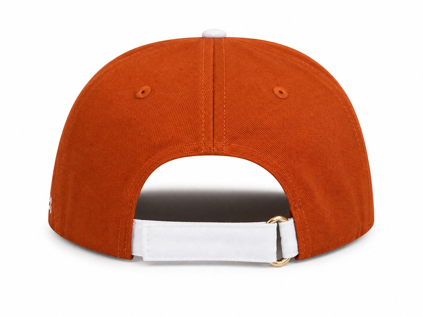 ae65c2de-fc3d-4ccc-a44f-7fc237988f1f | AE JERSEY Back view of bright orange cap with white adjustable strap and gold buckle.