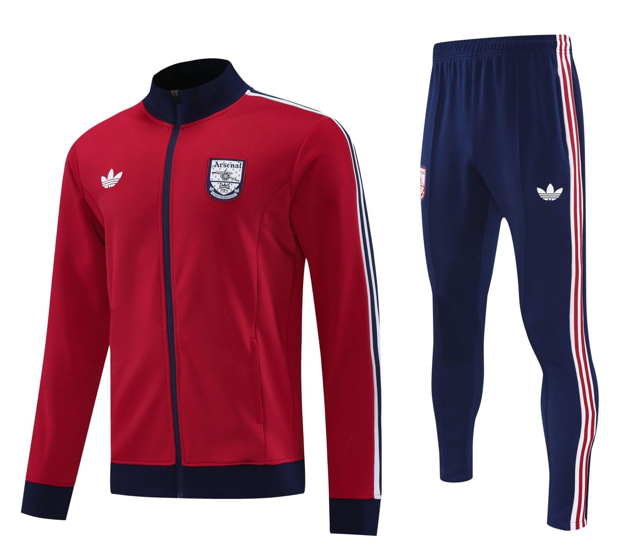 af56a953 | AE JERSEY Red Arsenal track jacket with navy collar and crest, beside navy track pants with red/white stripes.