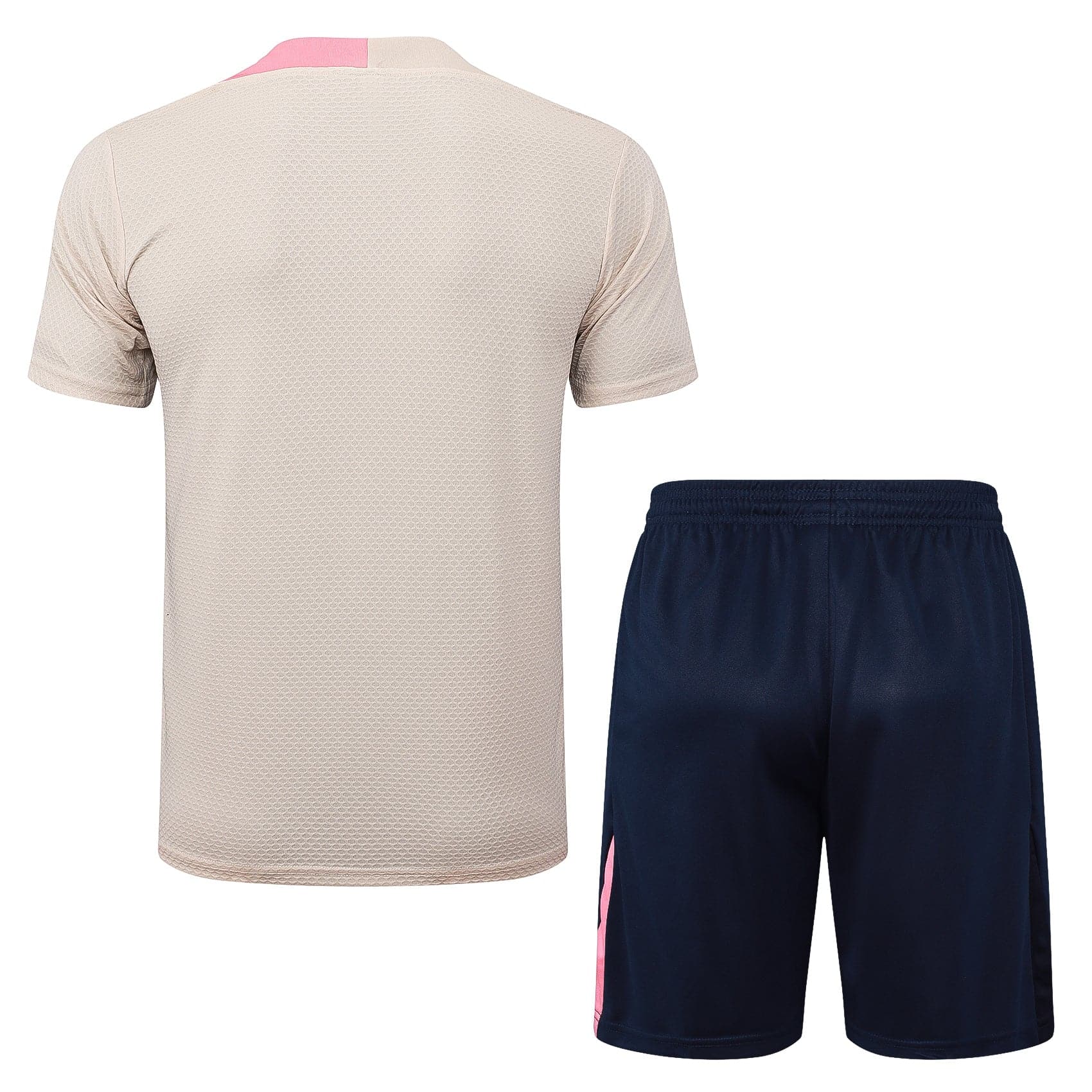 afb58e5e | AE JERSEY Beige mesh-textured short-sleeve shirt paired with navy shorts that have a pink side stripe, shown from the back.