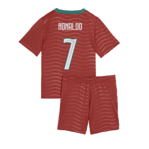 Back view of a red Ronaldo #7 football jersey with teal collar and wavy pattern, paired with matching shorts
