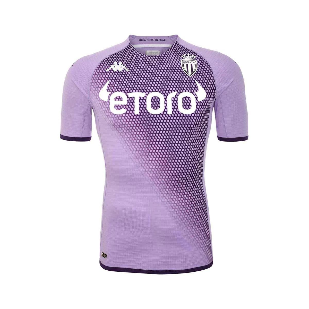 as_monaco_2022_2023_third_kit_d_609a33e6-941c-48bd-b0e6-68f1ab9386a4 | AE JERSEY Purple AS Monaco soccer jersey with a geometric gradient pattern, white etoro sponsor logo, and club crest.