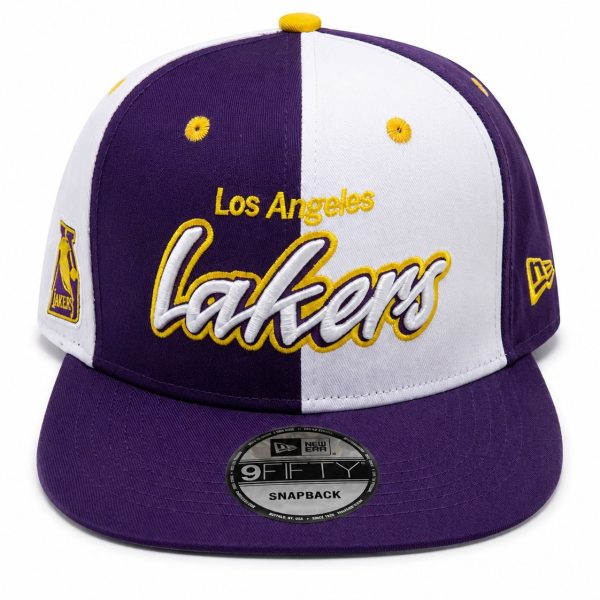 Purple and white Los Angeles Lakers snapback hat with yellow embroidery reading 'Lakers' across the front and side logos visible.