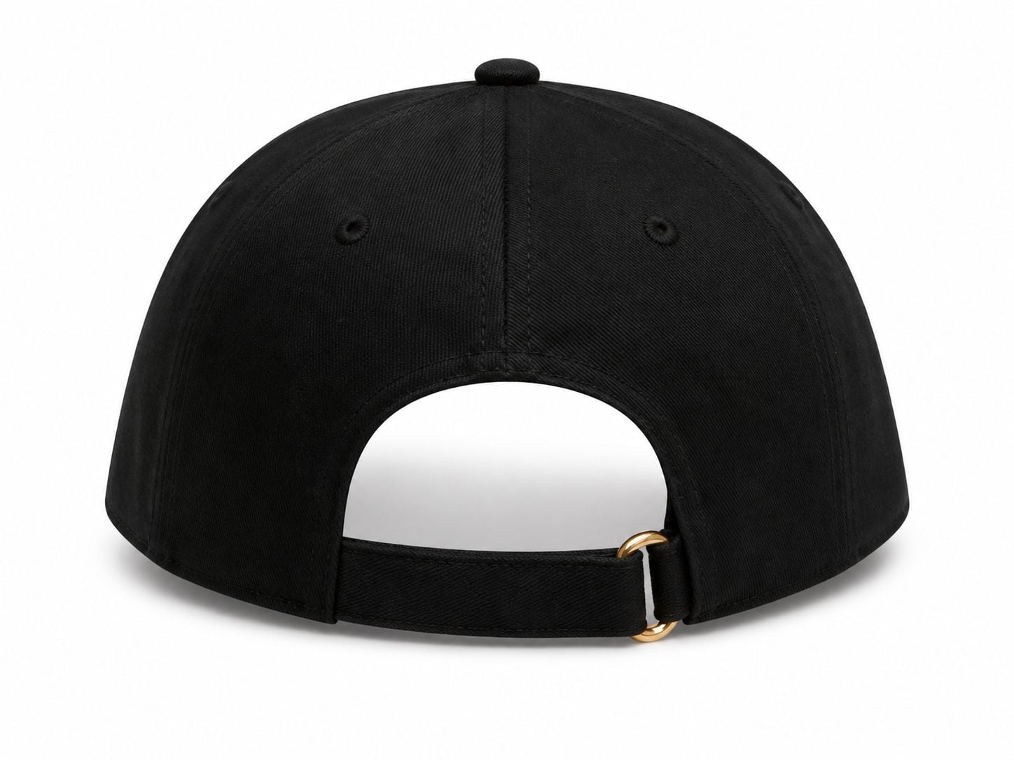 b6bbce9a-8383-43df-9759-b68dd369c273 | AE JERSEY Back view of a black baseball cap with an adjustable strap and gold buckle attached to a small ring