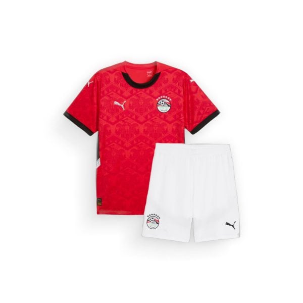 Red patterned soccer jersey with black collar and crest, paired with white shorts