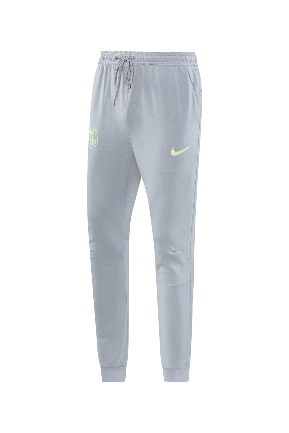 b82c722b | AE JERSEY Light gray joggers with a drawstring waist, neon Nike swoosh on the left thigh and FC Barcelona crest on the right hip.