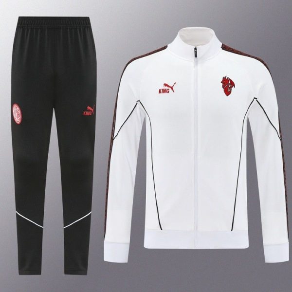 ba92bab2-74b6-47b3-be5a-5c1c5565ea70 | AE JERSEY White zip-up track jacket with red crest logo and black piping, paired with black jogger pants with a red emblem on the thigh.