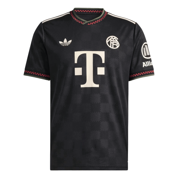 Black soccer jersey with T‑Mobile logo center, Adidas trefoil left chest, club crest, Allianz sponsor on sleeve, and red check trim at collar and cuffs.