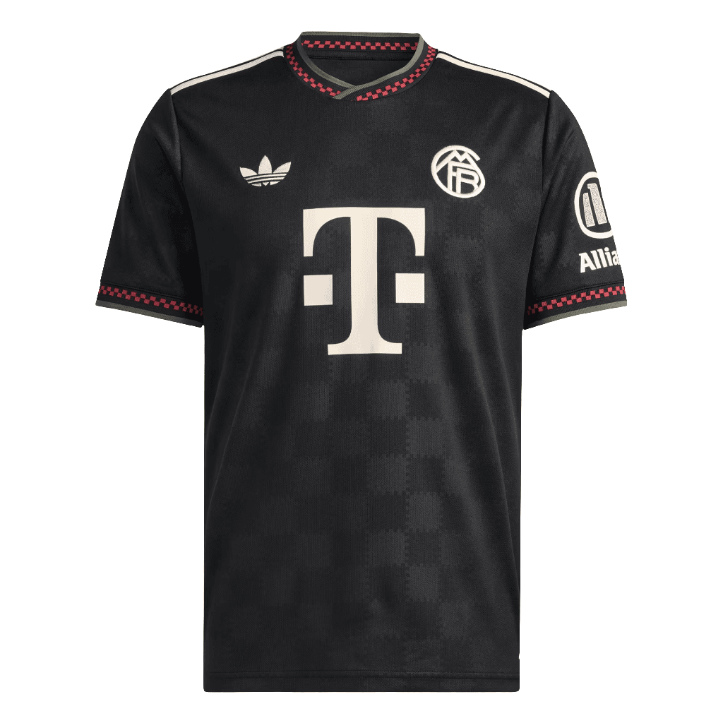 background-editor_output_1c6c761d-2b3e-4e04-89d3-c5f36caac949 | AE JERSEY Black soccer jersey with T‑Mobile logo center, Adidas trefoil left chest, club crest, Allianz sponsor on sleeve, and red check trim at collar and cuffs.