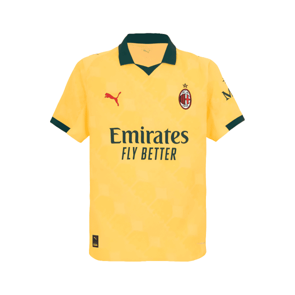 AC Milan yellow away jersey with Emirates Fly Better sponsor and club crest on chest