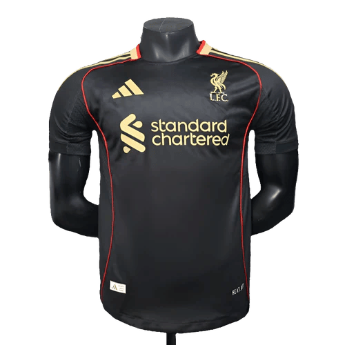 Liverpool FC away jersey on a black mannequin, black with gold sponsor logos and red piping.