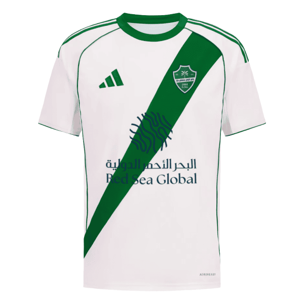 White soccer jersey with a green diagonal sash, Adidas logo, crest on the left chest, and 'Red Sea Global' text in Arabic and English.