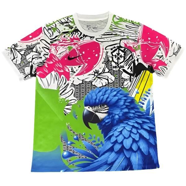 Colorful graphic T-shirt with a blue macaw, neon green shapes, and pink/black graffiti-style patterns including a Brazil crest.
