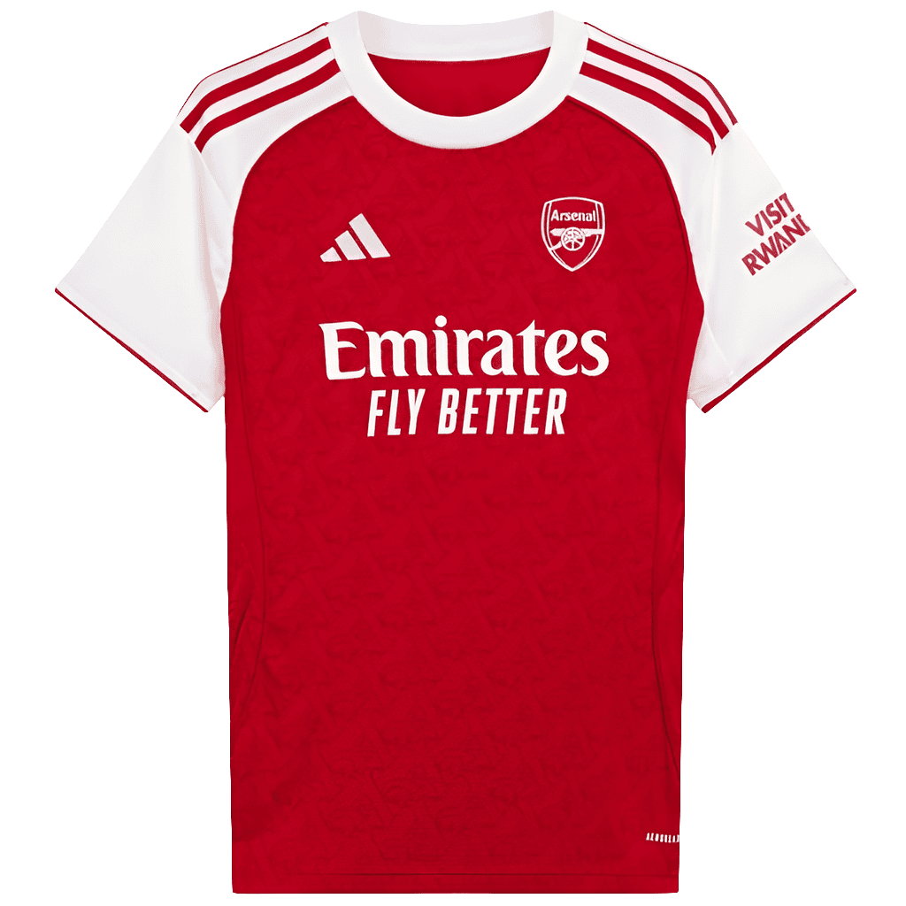 background-editor_output_7a0aa8df-8310-45fc-a6dd-ac7670c09430 | AE JERSEY Red Arsenal football jersey with white sleeves featuring Emirates Fly Better sponsor logo and club crest on the chest