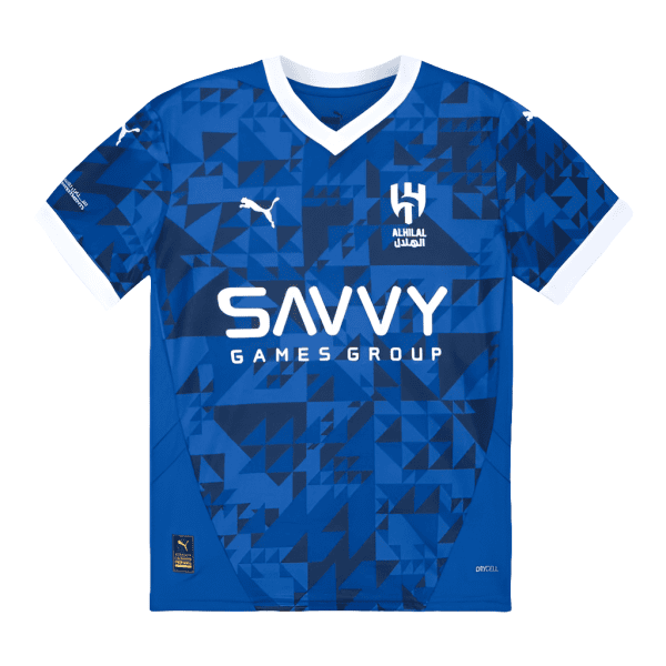 Blue geometric soccer jersey with white trim featuring the SAVVY Games Group logo and Puma branding on the chest area