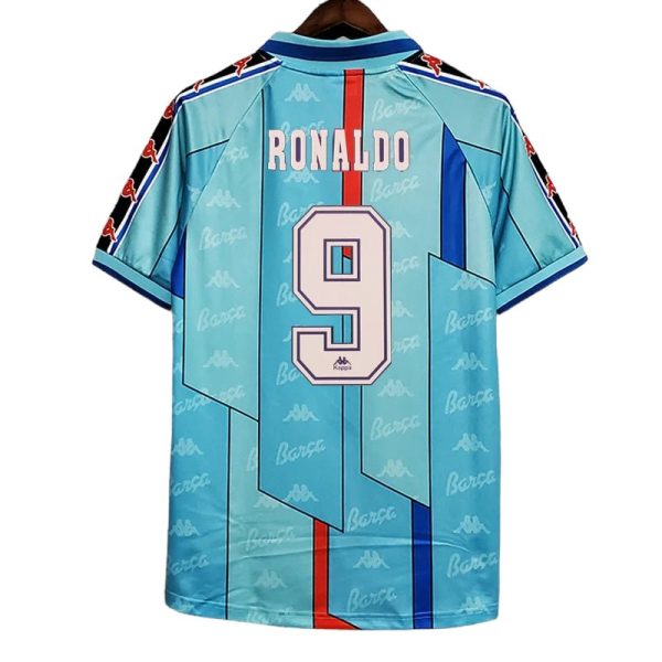 Back of a mint blue football jersey with 'RONALDO' and the large number 9, Kappa branding, red and dark blue vertical accents.