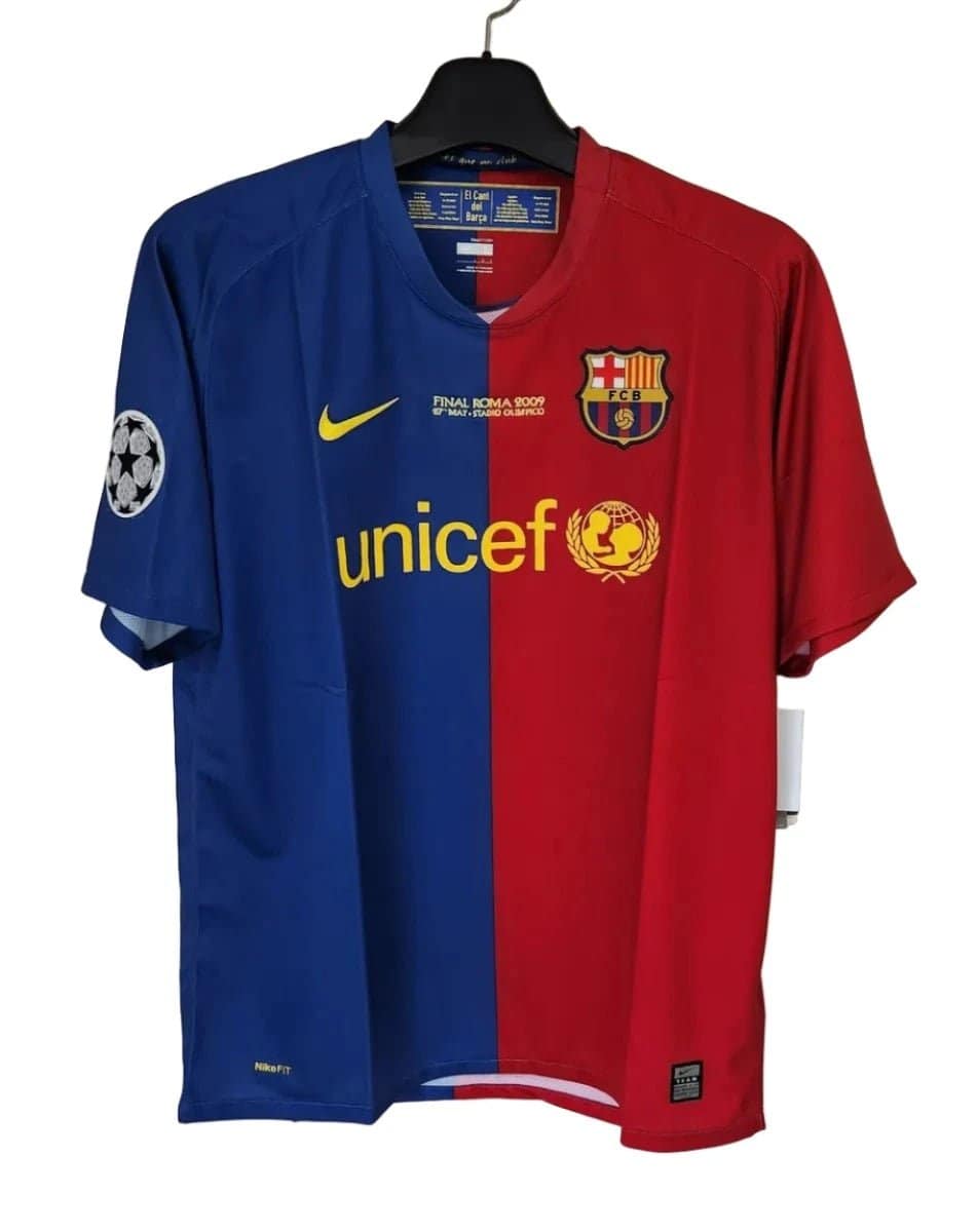 barcelona-classic-2009-final-with-messi-10-jersey-185582 | AE JERSEY FC Barcelona soccer jersey split blue and red, featuring UNICEF logo, Nike swoosh, and Champions League patch on the sleeve.