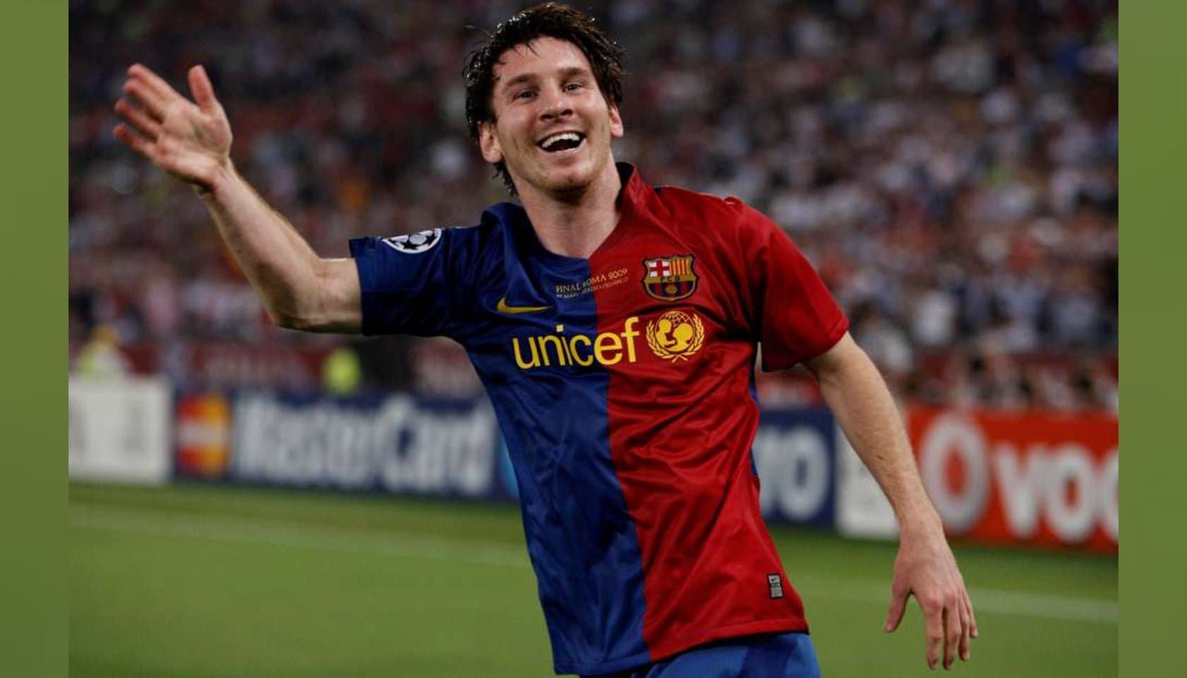 barcelona-classic-2009-final-with-messi-10-jersey-832269 | AE JERSEY Soccer player in a Barcelona UNICEF jersey celebrating on the pitch with arms outstretched.