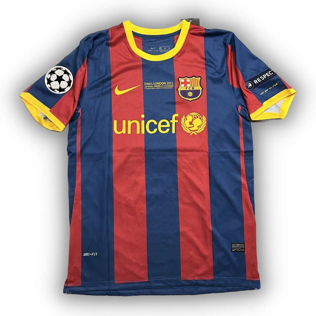 barcelona-classic-201011-final-with-messi-10-badges-jersey-554685 | AE JERSEY Barcelona FC jersey with UNICEF sponsor, blue and red vertical stripes, yellow Nike swoosh, club crest, and UEFA badge on the sleeve.