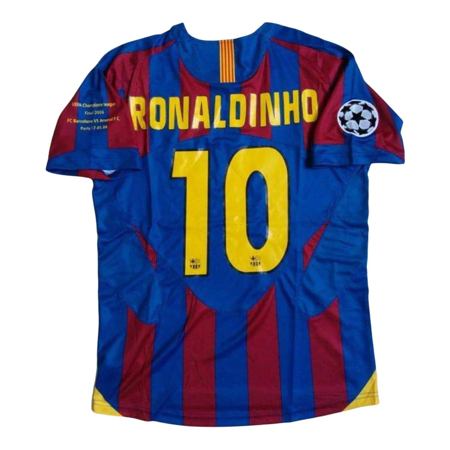 barcelona-classic-home-final-2006-610511-_1 | AE JERSEY Barcelona football jersey with 'RONALDINHO' and number 10 on the back, features blue and maroon stripes and a UEFA Champions League patch on the sleeve