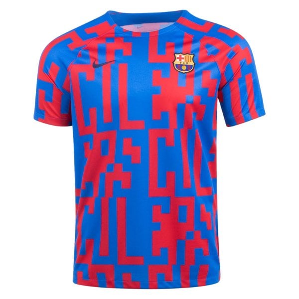 Blue FC Barcelona football jersey with a red geometric mosaic pattern and the club crest on the chest.