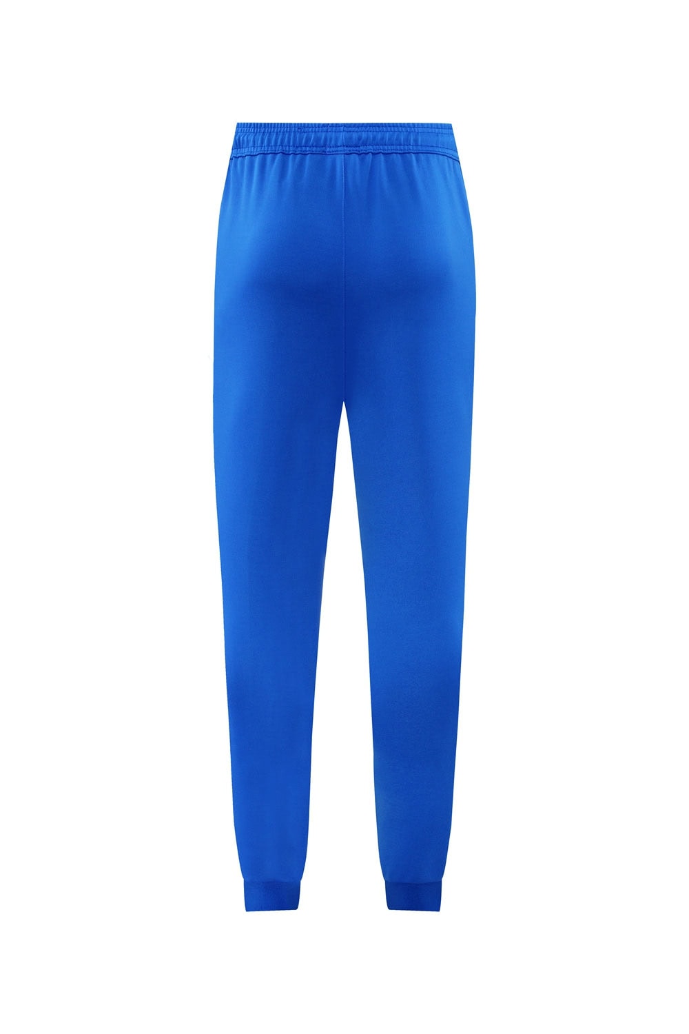 bb89402d | AE JERSEY Back view of blue athletic joggers with an elastic waistband and ribbed cuffs at the ankles.
