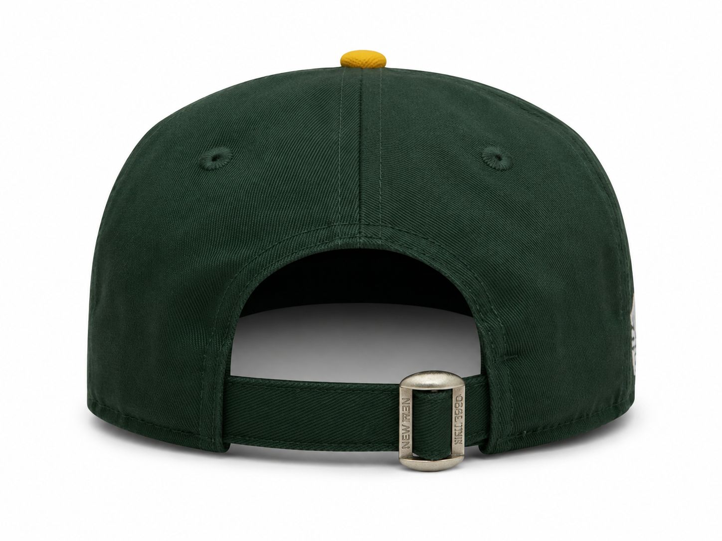 bbc11e6a-df25-4042-9efb-813b54418c45 | AE JERSEY Rear view of a dark green baseball cap with a yellow button, adjustable strap, and metal buckle visible