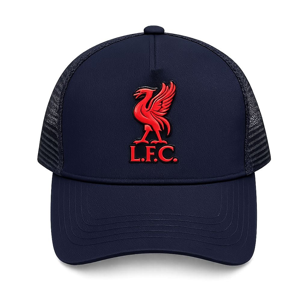 bd811cd9-6bd9-4671-93ab-61f375cc2394 | AE JERSEY Navy baseball cap with a red Liverpool FC crest on the front panel and black mesh back.