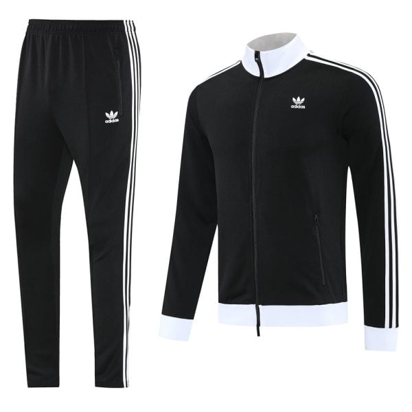 Adidas black track suit with white stripes on sleeves and down pant legs, shown with a matching black jacket featuring a white collar and cuffs and small Adidas logo.