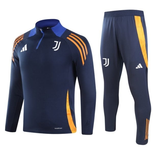 Dark blue Juventus training top and pants set with orange accents and white logos, shown side by side.