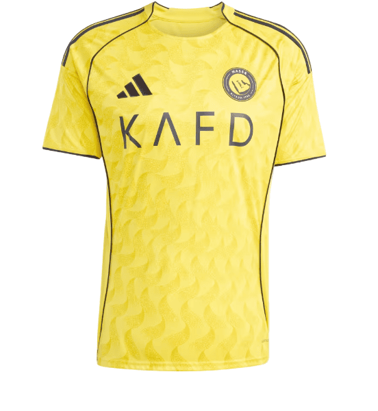 Front view of a bright yellow Adidas soccer jersey with black trim, crest on the left chest, and 'KAFD' sponsor text across the front.