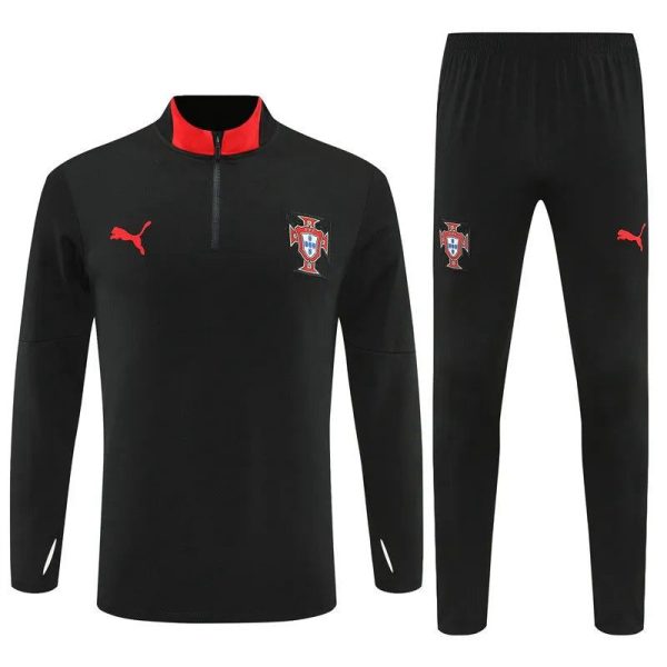 Black Portugal national team training tracksuit with red accents: zip-neck top and matching pants, featuring the Puma logo and crest.